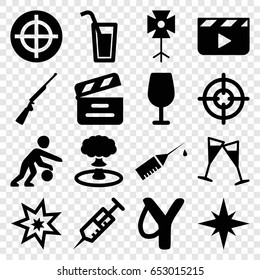 Shot icons set. set of 16 shot filled icons such as cocktail, syringe, movie clapper, injection rash, wine glass, soft box, basketball player, cocktail, explosion