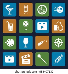 Shot icons set. set of 16 shot filled icons such as radar, cocktail, head bang emot, syringe, movie clapper, injection rash, soft box, camera mode, dart, cocktail, smoking can
