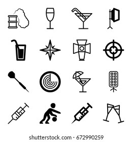 Shot icons set. set of 16 shot filled and outline icons such as radar, syringe, soft box, dart, basketball player, cocktail, sniper target, cocktail, wine glass, explosion