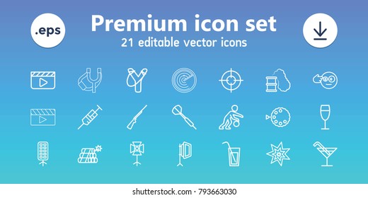 Shot icons. set of 21 editable outline shot icons includes cocktail, head bang emot, clapper board, sligshot, syringe, wine glass, soft box, camera mode, dart