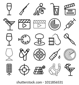Shot icons. set of 25 editable outline shot icons such as radar, cocktail, sligshot, target, syringe, movie clapper, injection rash, wine glass, soft box, camera mode, dart