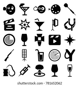 Shot Icons. Set Of 25 Editable Filled Shot Icons Such As Radar, Cocktail, Head Bang Emot, Sligshot, Syringe, Movie Clapper, Wine Glass, Soft Box, Camera Mode, Dart, Cocktail