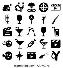 Shot icons. set of 25 editable filled shot icons such as cocktail, head bang emot, clapper board, sligshot, target, syringe, movie clapper, injection rash, wine glass