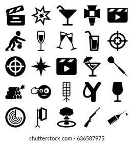 Shot icons set. set of 25 shot filled icons such as radar, cocktail, head bang emot, movie clapper, injection rash, wine glass, soft box, dart, basketball player, cocktail