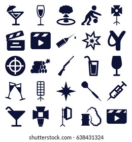 Shot Icons Set. Set Of 25 Shot Filled Icons Such As Cocktail, Syringe, Movie Clapper, Injection Rash, Wine Glass, Soft Box, Dart, Basketball Player, Cocktail, Dynamite