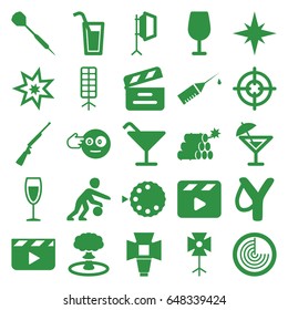 Shot icons set. set of 25 shot filled icons such as radar, cocktail, head bang emot, movie clapper, injection rash, wine glass, soft box, camera mode, dart, basketball player