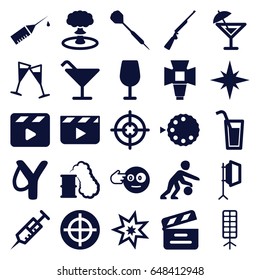 Shot Icons Set. Set Of 25 Shot Filled Icons Such As Cocktail, Head Bang Emot, Syringe, Movie Clapper, Injection Rash, Wine Glass, Soft Box, Camera Mode, Dart