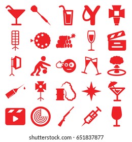 Shot Icons Set. Set Of 25 Shot Filled Icons Such As Radar, Cocktail, Head Bang Emot, Syringe, Movie Clapper, Injection Rash, Wine Glass, Soft Box, Camera Mode, Dart