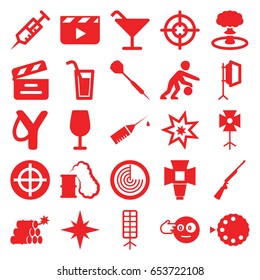 Shot icons set. set of 25 shot filled icons such as radar, cocktail, head bang emot, syringe, movie clapper, injection rash, soft box, camera mode, dart, basketball player