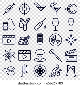 Shot icons set. set of 25 shot outline icons such as radar, cocktail, syringe, movie clapper, injection rash, wine glass, soft box, camera mode, cocktail, dynamite, explosion