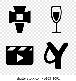 Shot icons set. set of 4 shot filled icons such as wine glass, soft box, clapper board