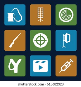 Shot icons set. set of 9 shot filled icons such as radar, syringe, movie clapper, soft box, smoking can, hundting gun, sligshot