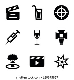 Shot icons set. set of 9 shot filled icons such as syringe, movie clapper, wine glass, soft box, cocktail, explosion, clapper board