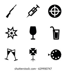 Shot icons set. set of 9 shot filled icons such as cocktail, syringe, wine glass, soft box, camera mode, cocktail, explosion, hundting gun