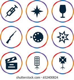 Shot icons set. set of 9 shot filled icons such as cocktail, syringe, movie clapper, soft box, camera mode, explosion