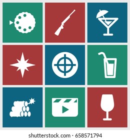 Shot icons set. set of 9 shot filled icons such as cocktail, camera mode, cocktail, dynamite, explosion, hundting gun, clapper board