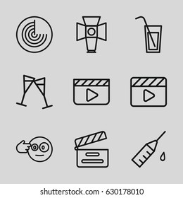 Shot icons set. set of 9 shot outline icons such as radar, movie clapper, injection rash, wine glass, soft box, cocktail, head bang emot