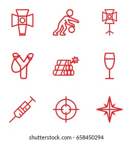 Shot icons set. set of 9 shot outline icons such as syringe, wine glass, soft box, dynamite, explosion, sniper target, basketball player
