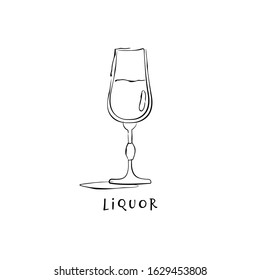 Shot liquor. Graphic art. Drink element. Black white. Glass liquor hand draw, design for any purposes. Restaurant illustration. Simple sketch. Isolated on white background in engraving style. Vector
