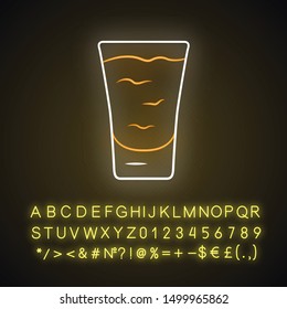 Shot neon light icon. Сocktail in glass. Alcoholic drink. Tumbler with shooter. Mix for fast consumption. Glowing sign with alphabet, numbers and symbols. Vector isolated illustration