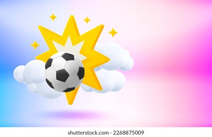 Shot on goal concept with flash and soccer ball. 3d vector banner with copy space
