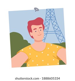 Captura de un joven sonriente tomando selfie sobre el fondo de la ilustración del vector de dibujos de la Torre Eiffel.