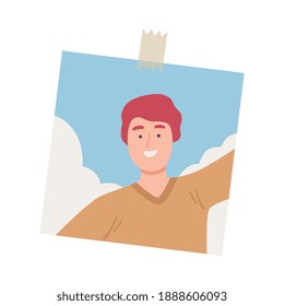 Shot of Smiling Young Man Taking Selfie Using Smartphone Cartoon Vector Illustration