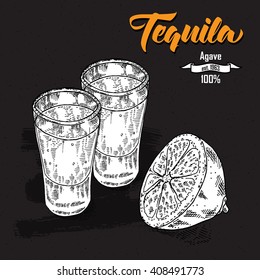 Shot of tequila drink. Hand drawn two glasses of tequila. Engraving style. Vector illustration