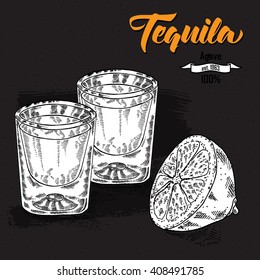 Shot of tequila drink. Hand drawn two glasses of tequila. Engraving style. Vector illustration