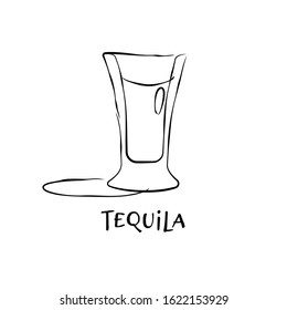 Shot tequila. Graphic art. Drink element. Black white. Retro glass tequila hand draw, design for any purposes. Restaurant illustration. Simple sketch. Isolated on white background in engraving style.
