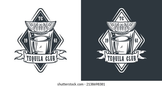 Shot tequila with lime and salt for cocktail bar. Vector design with mexican tequila for alcohol pab