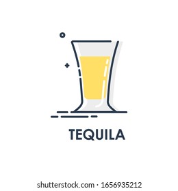 Shot tequila line art in flat style. Restaurant alcoholic illustration for celebration design. Design contour element. Beverage outline icon. Isolated on white background in graphic style. Vector.
