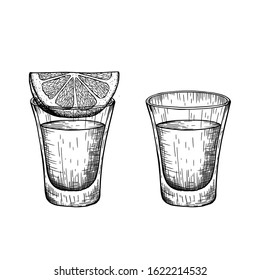 A shot of tequila and a slice of lemon. Vintage vector engraving illustration.