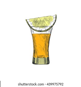 A shot of tequila and a slice of lemon. Vintage vector engraving illustration for label, poster, web