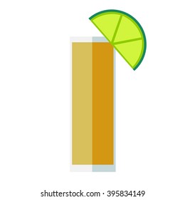 A shot of tequila. Wedge of lime. Flat design.
