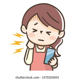 Shot of a tired housewife with neck pain holding her mobile phone