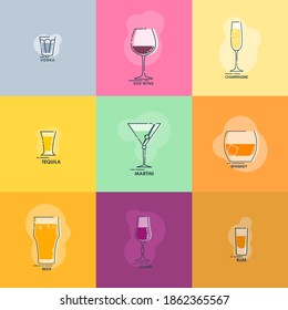 Shot vodka tequila whiskey rum. Wineglass red wine martini champagne beer liquor line art in flat style. Restaurant alcoholic illustration. Celebration design. Beverage outline icon. Isolated object.
