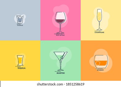 Shot vodka, tequila, whiskey, wineglass red wine, martini, champagne line art in flat style. Restaurant alcoholic illustration for celebration design. Beverage outline icon. Isolated contour object.
