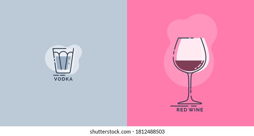 Shot vodka and wineglass red wine line art in flat style. Restaurant alcoholic illustration for celebration design. Design contour element. Beverage outline icon. Isolated on color background. Vector
