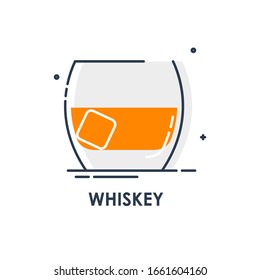 Shot whiskey line art in flat style. Restaurant alcoholic illustration for celebration design. Design contour element. Beverage outline icon. Isolated on white background in graphic style.
