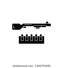 Shotgun and ammo black icon, vector sign on isolated background. Shotgun and ammo concept symbol, illustration 