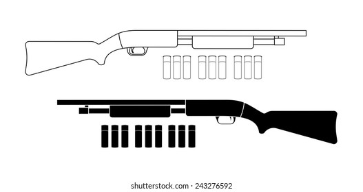 Shotgun with bullets. Game resources. Vector clip art contour lines, black and white illustration isolated on white