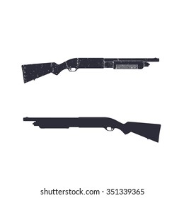 Shotgun, Hunting Rifle, Shotgun Silhouette Over White, Vector Illustration