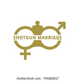 Shotgun marriage logo. Female and male gender signs, combined with the double barrel of a shotgun. Conceptual metaphor alludes to the forced wedding because of unplanned pregnancy without marriage.