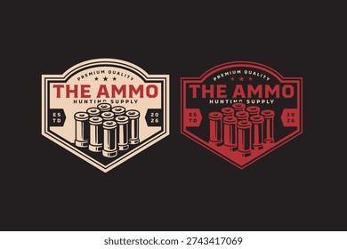 Shotgun shell ammo retro badge logo design for hunter club. Shooting ammunition supply vintage patch sticker pack for hunting sport. Hunting cartridge rustic emblem element bundle for adventure
