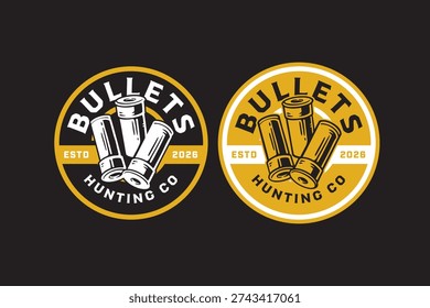 Shotgun shell bullets retro badge logo design for hunting sport club. Ammunition hunter vintage patch sticker pack for adventure. Shotgun shell crest rustic emblem element bundle for outdoor shooting