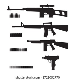 shotguns set vector with ammo. Carabine and bullets icon silhouette.