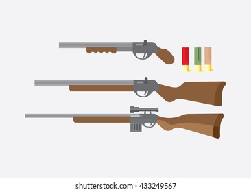 Shotguns and weapons. Hunting illustrations. Items for hunting and hunter facilities.