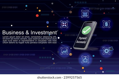 SHOTLISTbanking AI(Artificial Intelligence) Mobile technology  background for bank business and Investment. Blue neon cyber space infographic. Saving Piggy, Graph, qr code, money and target   icon.