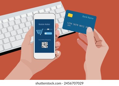 SHOTLISTbanking, mobile payment methods with smartphone. Transaction mode with technology era. Hand held mobile phone and credit card